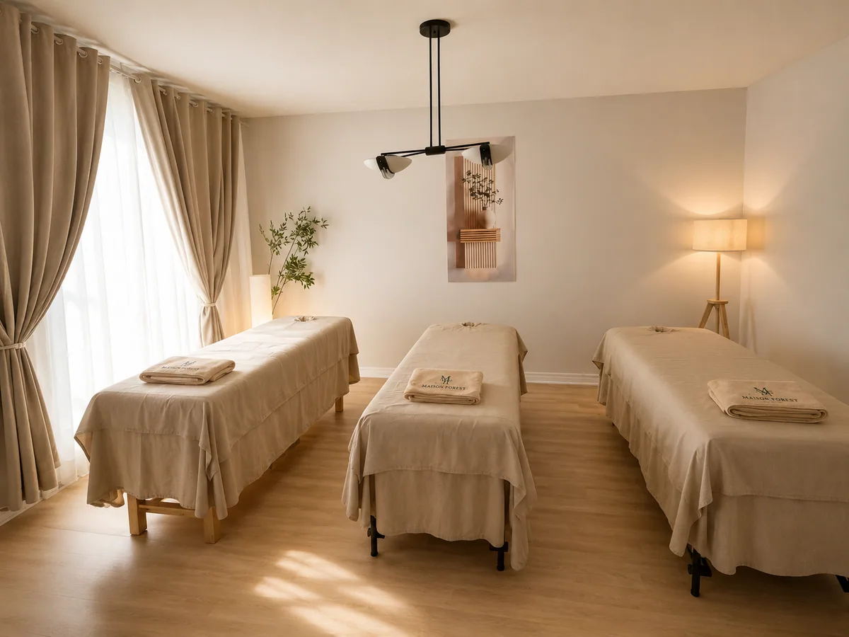 Treatment room arranged with three massage tables at Maison Forest Spa